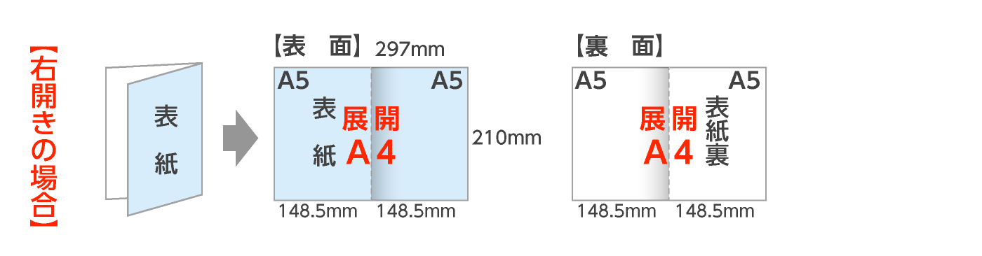展開A4：二つ折パンフレット（右開き）の折サイズ