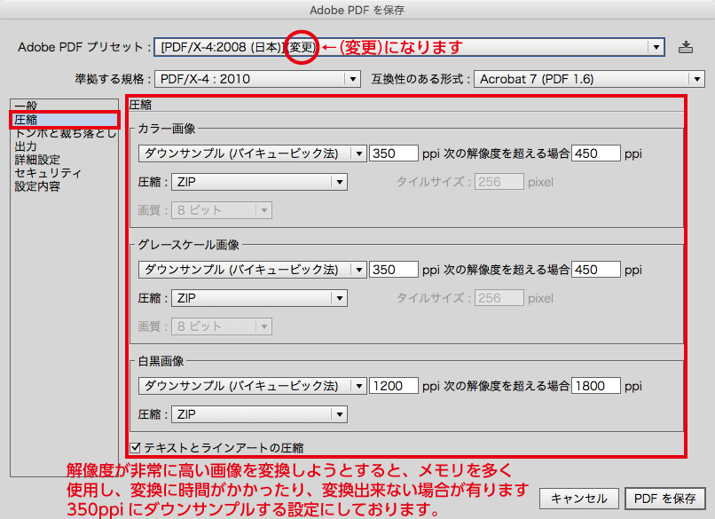 Adobe PDFを保存：圧縮設定