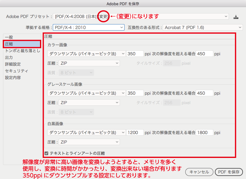 Adobe PDFを保存：圧縮設定