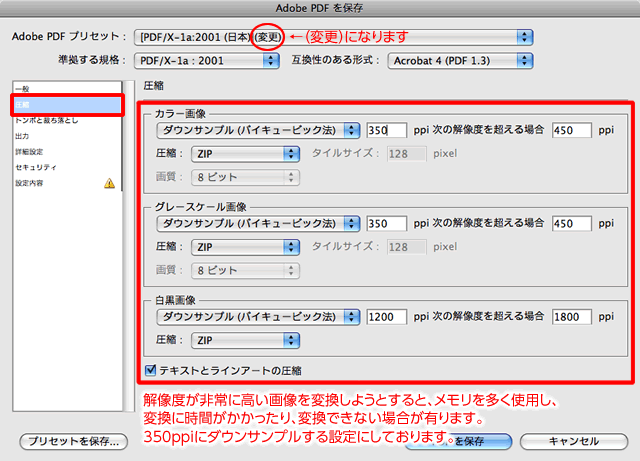 PDFの保存：圧縮設定